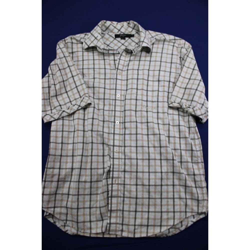 Sean John Button Up Short Sleeve Shirt Cotton Plaid Size Large Beige
